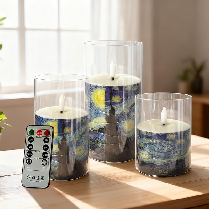 Flickering Flameless Candles, Recessed String Light LED Candles Acrylic Battery Operated LED Pillar Candles Van Gogh Art Painting Style for Home Decor Set of 3(Starry Night Printed)