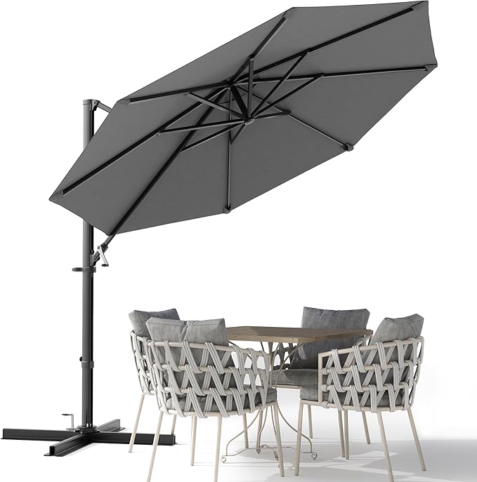 Devoko 10ft Cantilever Patio Umbrella, Round Large Outdoor Umbrella with 360-Degree Rotation, Hanging Offset Market Sun Umbrella, Easy Tilt and Heavy-Duty Frame, for Patio Backyard Garden, Gray
