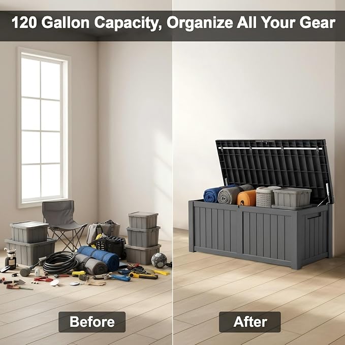 120 Gallon Resin Deck Box, Outdoor Storage Chest for Patio Furniture Cushions, Garden Tools, Pool Accessories | Lockable, Waterproof, All-Weather, Easy Assembly, Wood Grain Design