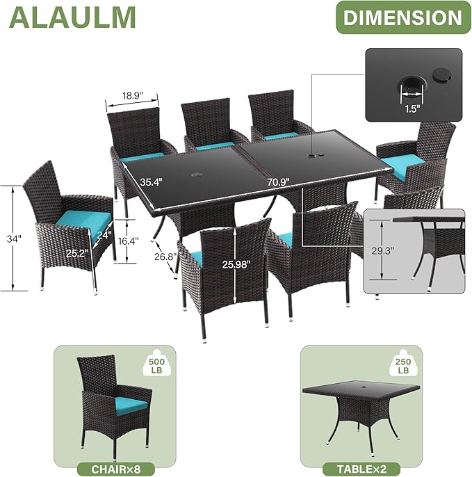 ALAULM 10 Piece Patio Dining Set All-Weather Wicker Outdoor Patio Furniture Set w/Tempered Glass Tabletop, Removable Cushions and Umbrella Hole for Patio, Backyard, Garden, Poolside (Blue)