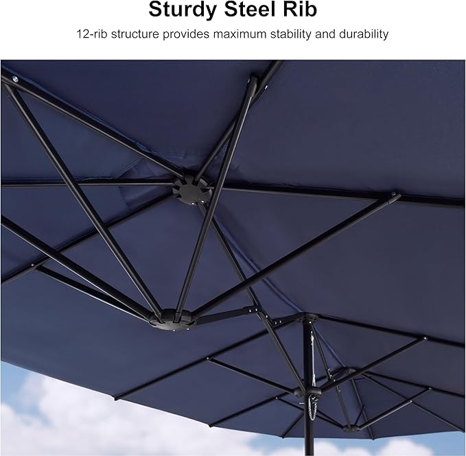 PURPLE LEAF 14ft Patio Market Umbrella with Base Double-Sided Rectangle Outdoor Table Sun Umbrellas with Crank 12 Heavy Duty Sturdy Ribs for Pool Beach Deck Backyard Navy Blue