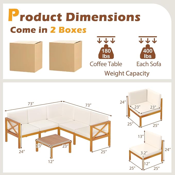Tangkula 6 Pieces Acacia Wood Patio Furniture Set, Outdoor Sectional Conversation Set with Cushions and Coffee Table, L Shaped Corner Sofa Set for Garden, Porch, Poolside and Backyard (Off White)
