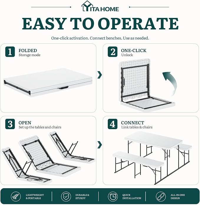YITAHOME 4.5ft Folding Picnic Table with Benches, Heavy Duty Iron Frame & HDPE Plastic Table Set, Portable Outdoor Folding Table with Center Lock for Backyard, Park, Camping, Beach, White