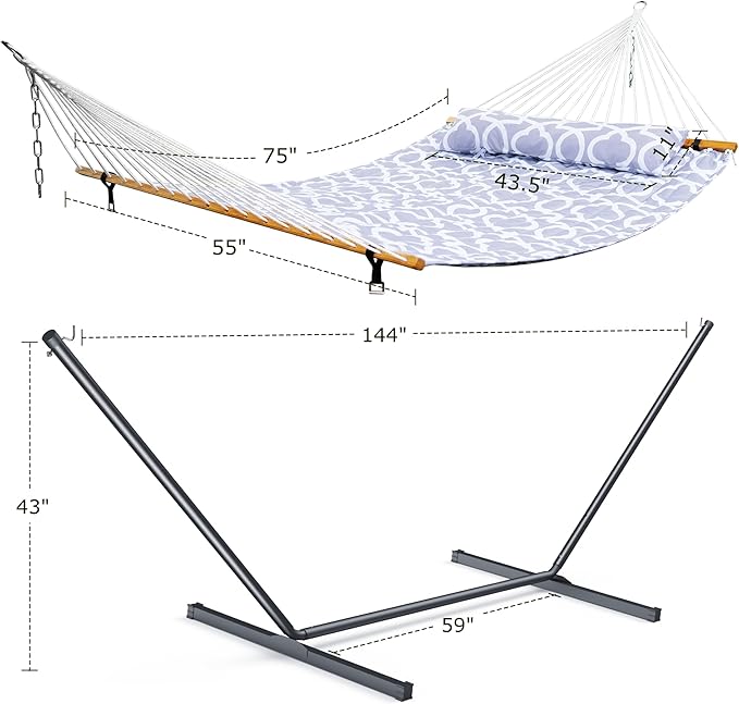Double Hammock with Stand, Heavy Duty Outdoor Hammock for Two, 500 LBS Capacity, Stable Steel Frame with Balance Strap, Easy Tool-Free Assembly for Patio, Garden, Backyard & Beach,Round Gray