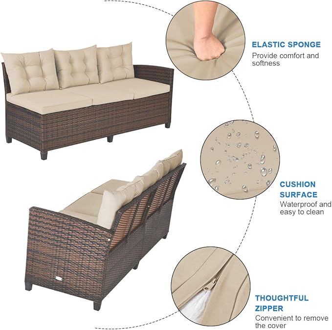 Tangkula Patio Furniture Set, 3 Pieces Outdoor Conversation Set with 6 Cushioned Seat & Coffee Table, Rattan Couch Set for Balcony, Garden, Lawn, Poolside and Backyard (Brown)