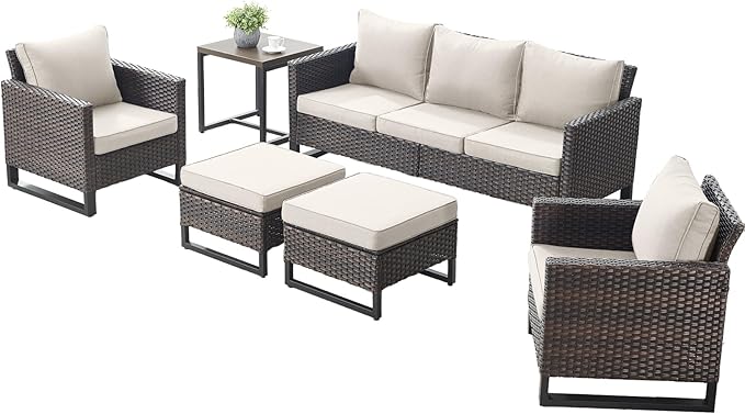Rilyson Wicker Outdoor Patio Furniture Set - 6 Piece Patio Conversation Set with 2 Armrest Chairs,2 Rattan Ottoman,1 Couch and 1 Metal Side Table for Outside Porch Deck Backyard(Brown/Beige)