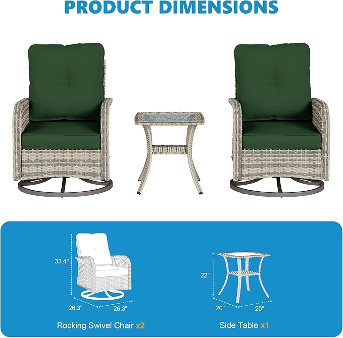 3-Piece Small Patio Furniture Set, Outdoor Swivel Rocking Chairs Set with Wicker Chairs and Tempered Glass Side Table, Outdoor Furniture Patio Bistro Set for Balcony, Deck, Porch