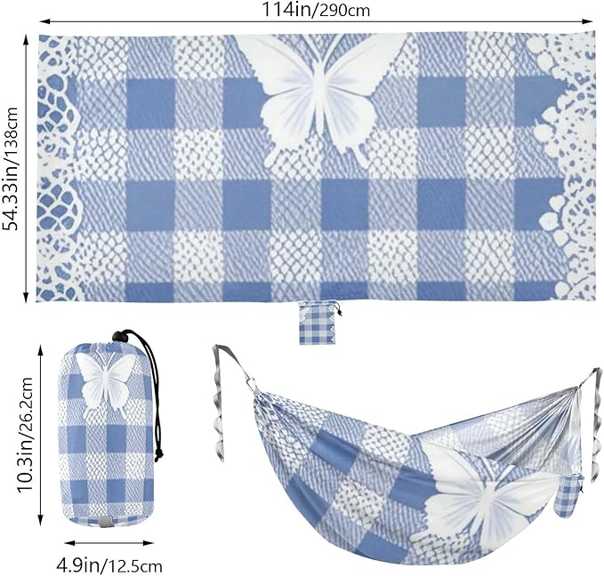 Lovely Blue Lace Butterfly Plaid 330lb Capacity Hammocks with Hanging Rope Hanging Hammock for Outside Patio Backyard Poolside hamaca para acampar