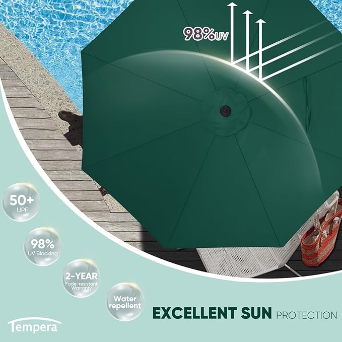 Tempera Patio Market Outdoor Table Umbrella with Push Button Tilt and Crank, Large Sun Umbrella with Sturdy Pole & Fade Resistant Canopy, Easy to Set