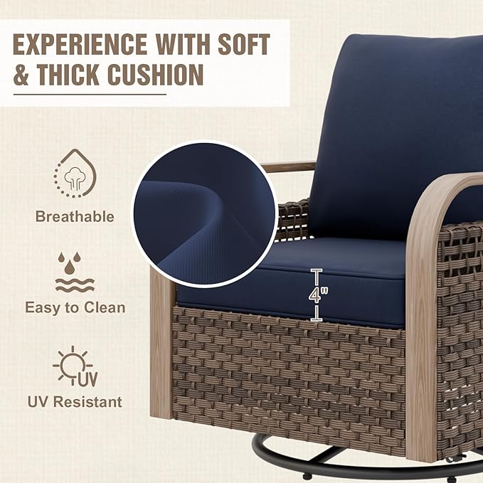 Modern Wicker Patio Furniture Set, Rattan Outdoor Conversation Set with Comfortable Cushions, 2 Swivel Rocing Chairs, 2 SeatLoveseat, Coffee Table and Side Table, 5 Pieces, Brown/Blue