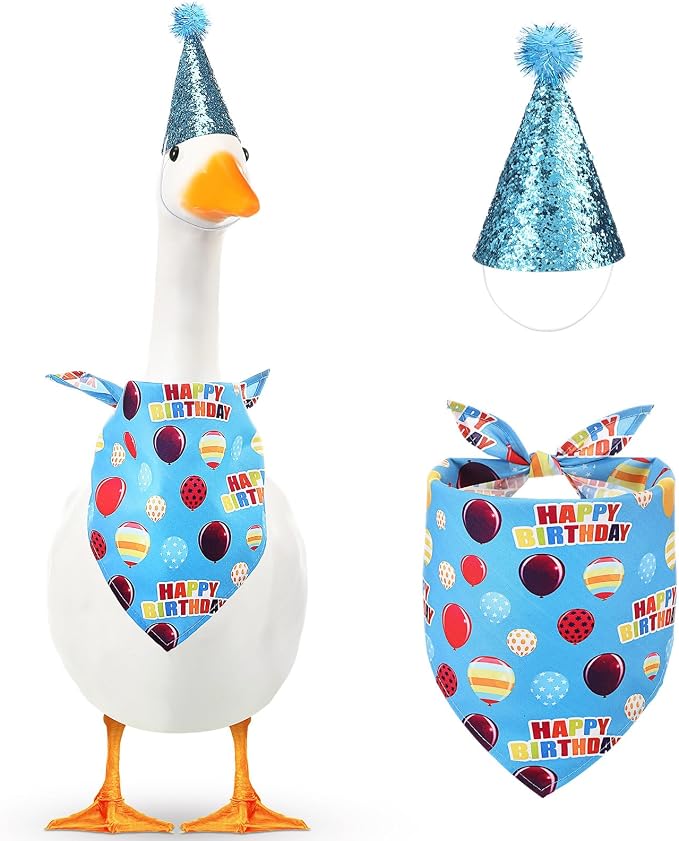 Happy Birthday Goose Outfit with Glitter Hat and Bandana,Blue | for 23" 17" Cement Plastic Porch Goose, Outdoor Statue Patio Yard Lawn Art