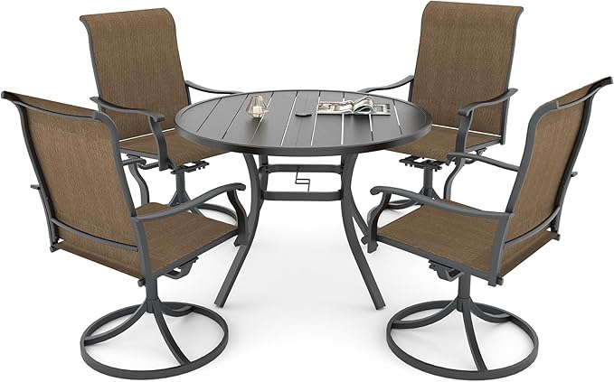 Anmutig 5 Piece Patio Table and Chairs Set with Outdoor 41 inch Round Table, Brown Yellow Textilene Retro Armrest Swivel Rocking Chairs Set- Style1