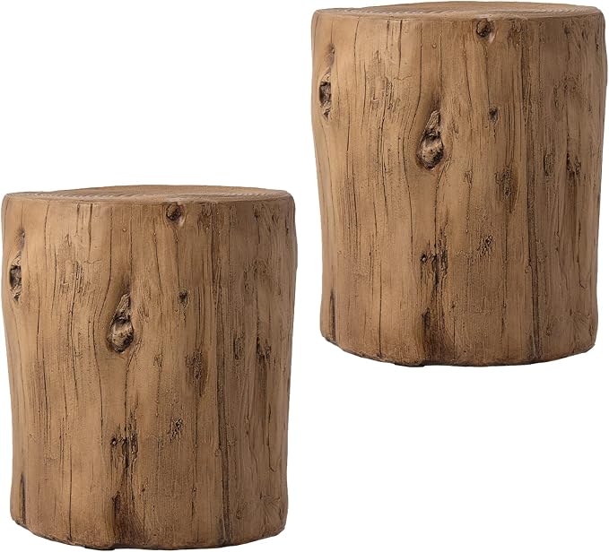 SUNBURY 15" W Outdoor Side Table Set of 2, Concrete Side Table Stump Stool Outdoor Accent Table, Light Brown Garden Stool for Patio, Outdoor End Stump
