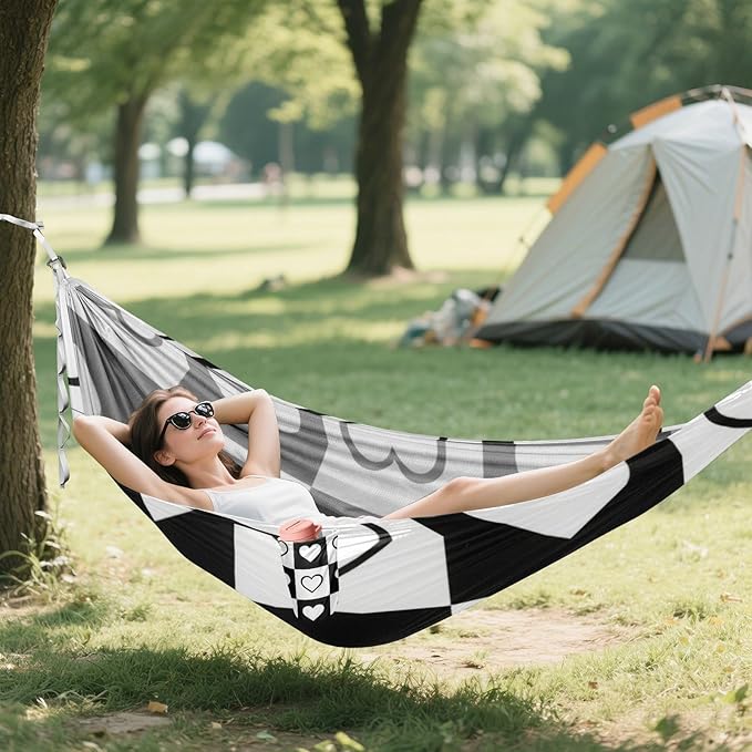 Plaid Black White Hearts Shape 330lb Capacity Camping Hammock Tree Hammock for Camping Travel Accessories hamaca con soporte para adultos