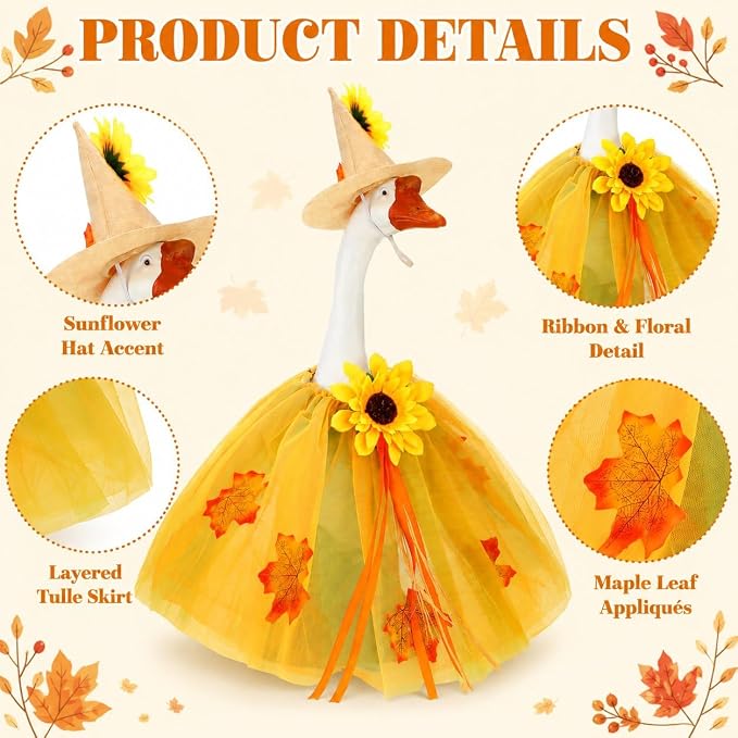 STONESTAR Fall Sunflower Porch Goose Outfits for 23'' Lawn Geese Statue, Autumn Maple Leaves Goose Clothes and Hat Costume Set for Patio Yard Outdoor Thanksgiving Holiday Decor