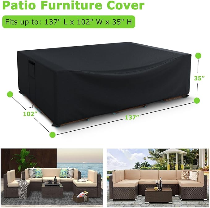 Patio Furniture Covers Waterproof, Heavy Duty 600D Outdoor Furniture Covers for Outside Sectional Sofa Set,Tear Resistance and Anti-UV, Black,137"L x 102"W x 35"H