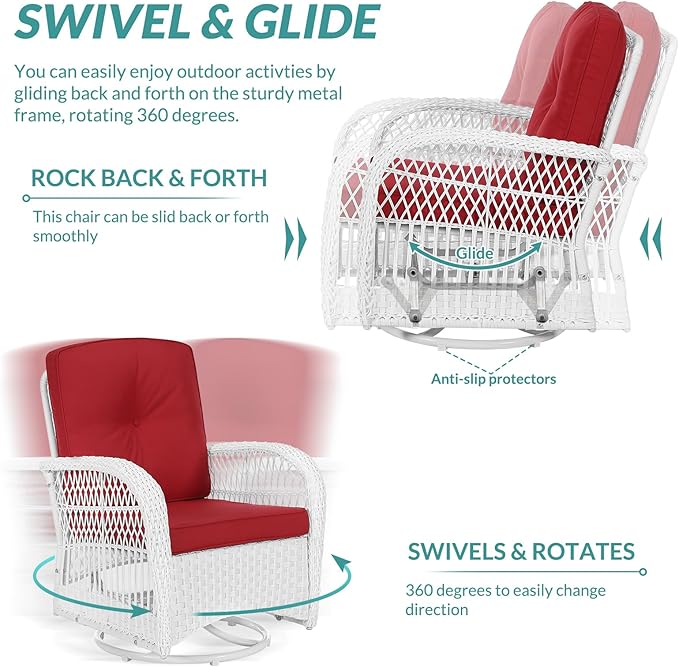 MEETWARM 3-Piece Outdoor Wicker Swivel Rocker Patio Set, Rocking Chairs Rattan Patio Furniture with Thickened Cushion and Glass-Top Coffee Table, Conversation Bistro Set, White Wicker/Red