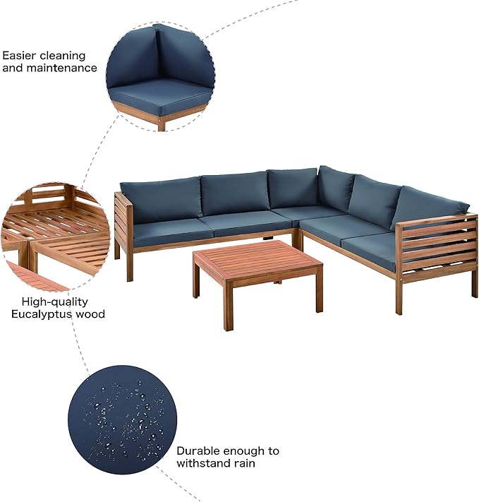 Patio Furniture 4 Pieces Conversation Sets, Acacia Wood Outdoor Sectional Furniture Conversation Sets with Cushions and Coffee Table for Garden Backyard Balcony and Porch (Gray)