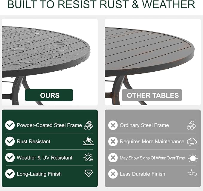 Anmutig 58" Outdoor Patio Round Dining Table, Large Metal Slatted Round Tabletop with Adjustable Umbrella Hole for Deck Lawn Garden Backyard Balcony Deck, Black
