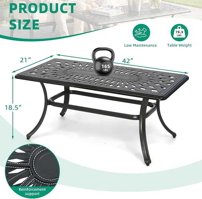 VIVIJASON Cast Aluminum Outdoor Coffee Table, 42 x 21 Inch Rectangular Patio Conversation Table with Lattice Top, Rust-Resistant All-Weather Center Table for Deck, Backyard, Porch, Antique Bronze