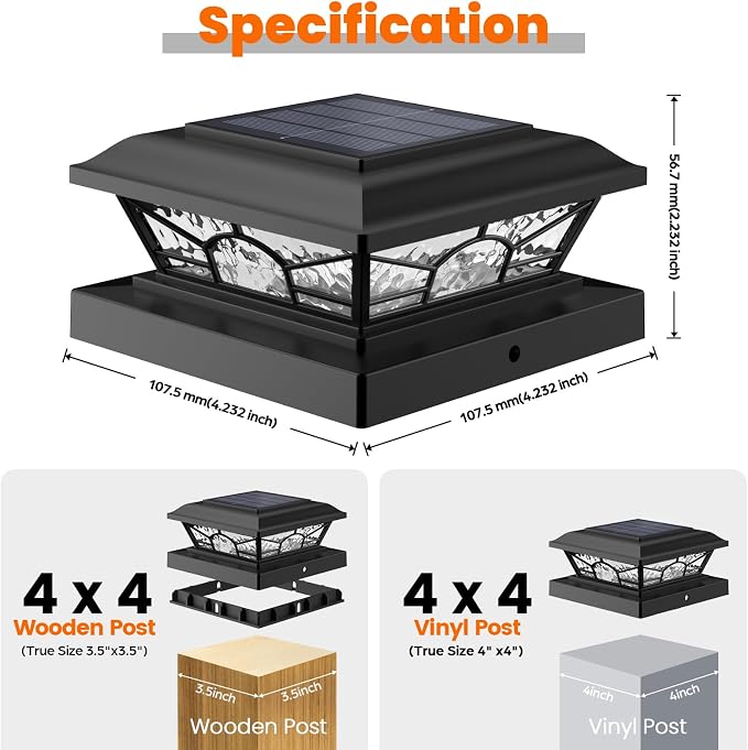 4x4 3.5x3.5 Solar Post Cap Lights 4-Pack Black | 2 Modes (Warm/Cool White), 16LEDs, for Wooden/Vinyl Posts, IP65 Waterproof, Outdoor, for Fence, Deck, Patio, Yard, Porch