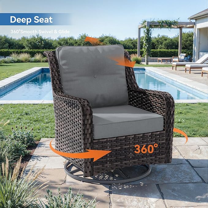 Kurapika 7-Piece Patio Furniture Set, Wicker Thick-Backed Outdoor Swivel Rocking Chair, Includes Coffee Table and Thick Cushions, Conversation Set for Porch,Patio, Gray