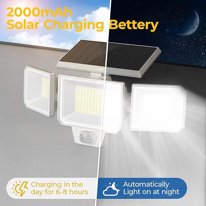 Solar Motion Sensor Lights with Remote Control, IP65 Waterproof LED Solar Wall Lights, Solar Flood Security Light with 3 Modes for Porch Garage Garden Yard Patio (White, 2 Pack)