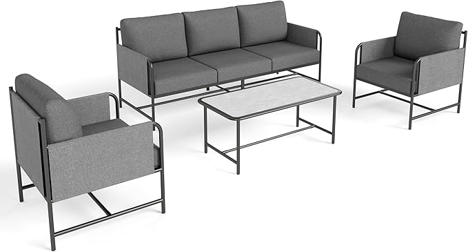 PHI VILLA Patio Furniture Set,Iron Metal Outdoor Furniture Set with Coffee Table, Thick Cushions and Fabric Covered Armrests, Deep Outdoor Sofa for Garden/Porch/Deck（Backyard ICON Collection）