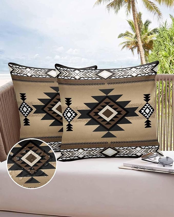Vandarllin Outdoor Throw Pillows Covers 16x16 inch Set of 2 Waterproof Brown Tribal Style Decorative Zippered Cushion Covers for Patio Furniture, Southwest Native American Lumbar Pillowcases