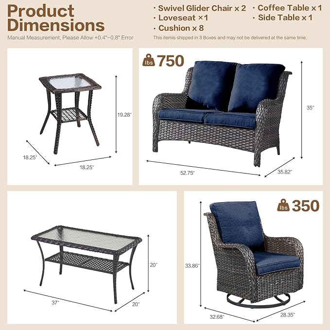 5 Pieces Outdoor Patio Furniture Conversation Set PE Rattan Wicker with 2 Swivel Glider Rocker Chairs, 2 Coffee Table and 1 Loveseat for Yard Backyard Poolside (Brown/Navy Blue)