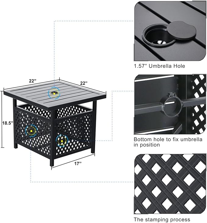 MFSTUDIO 22" Patio Bistro Table, Outdoor Metal Side Table with Umbrella Hole, Square Patio Table for Deck Garden Poolside,Black