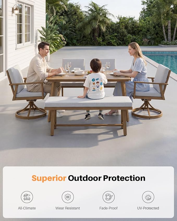 6-Piece Never-Rust Patio Dining Set, Aluminum Patio Furniture Set Includes Rectangle Dining Table, 2 Chairs, 2 Swivel Chairs & Outdoor Backless Bench, Patio Bench Set for Garden, Deck, Teak