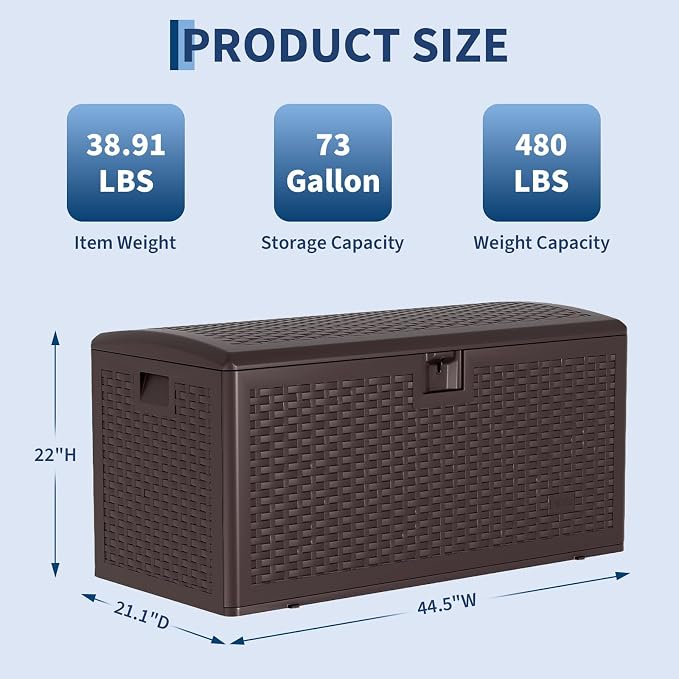 73 Gallon Large Resin Deck Box, Lockable Indoor Outdoor Storage Container for Patio Furniture, Pool Toys & Garden Tools, Waterproof Heavy Duty Deck Box with Seat Capacity - Brown