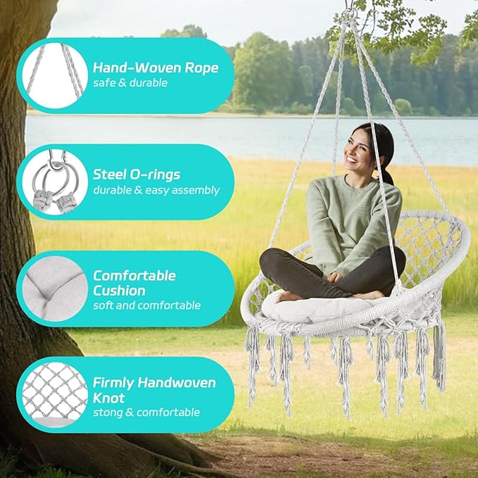 330 Lbs Capacity Loading Relaxing Handwoven Hammock Chair Swing, Cozy Macrame Hanging Seat with Soft Pillow, Perfect Reading Meditation Chair for Bedroom, Garden, Balcony, Grey