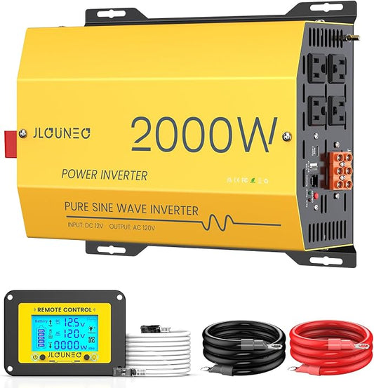2000W Pure Sine Wave Inverter 12V DC to 120V AC Converter for Home, RV, Truck, Off-Grid Solar Power Inverter Built-in 3.1A USB, Type-C Port, AC Hardwire Output Port, Remote Control with LCD Screen