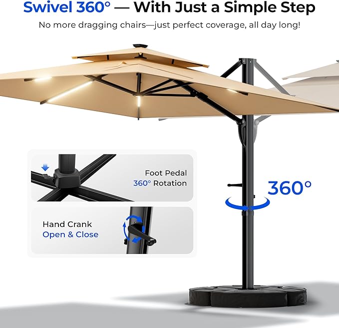 HOMSHADE 10 ft Square Cantilever Patio Umbrella with Base Included, Solar Lights Large Umbrella Outdoor Patio with 360°Rotation&Tilting, LED Lighted Offset Umbrellas w/Stand for Pool Deck