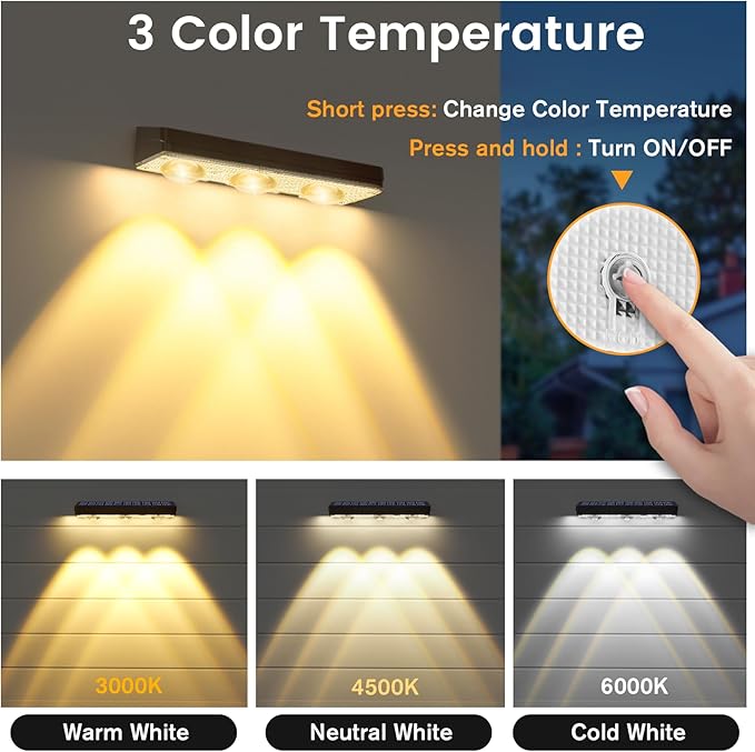 JOFIOS Solar Fence Lights Outdoor,1300mAh, 2 Pack,Warm/Natural/Cool White,IP65 Waterproof,Fence Lights Solar Powered,Solar Lighting for Deck, Backyard, Railing(Black)