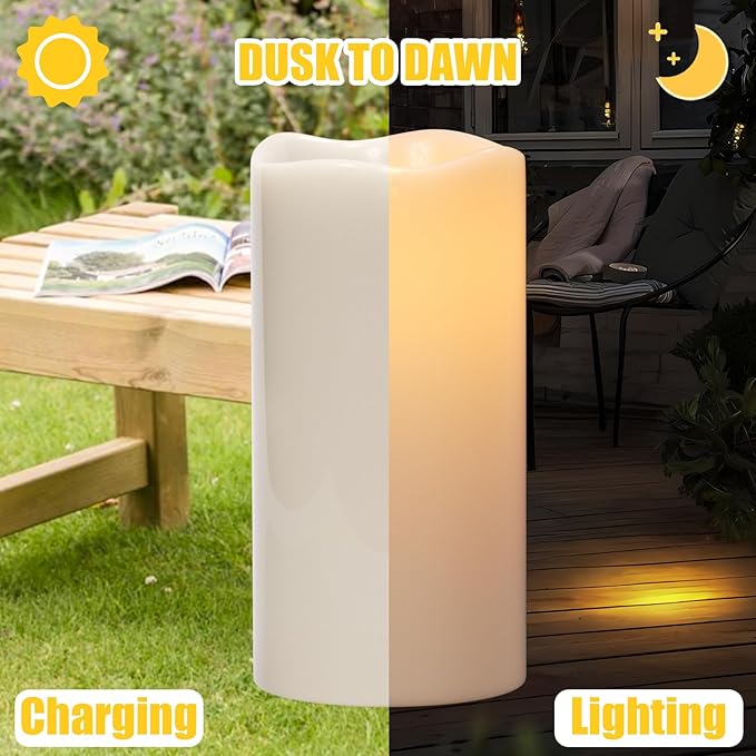 Large Solar Candles Outdoor Waterproof, Outdoor Candles Rechargeable for Lanterns, Large Solar Lanterns Flickering for Garden Camping Patio Home Decor Dusk to Dawn (2Pcs,4" D×8"/10" H)