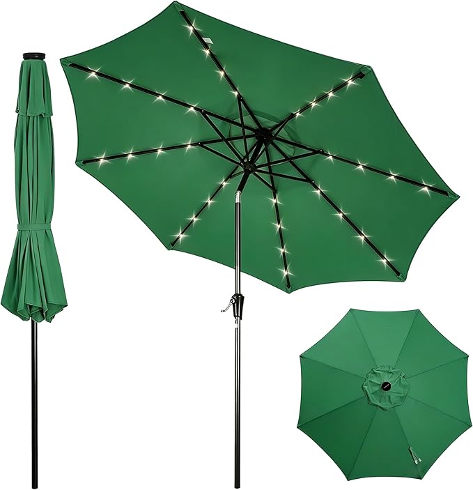 Garvee 10FT Patio Umbrella with 32 Solar LED Lights, Outdoor Table Market Umbrella with Tilt and Crank, 8 Sturdy Iron Ribs Sun Shade for Garden, Deck, Backyard and Pool, Dark Green
