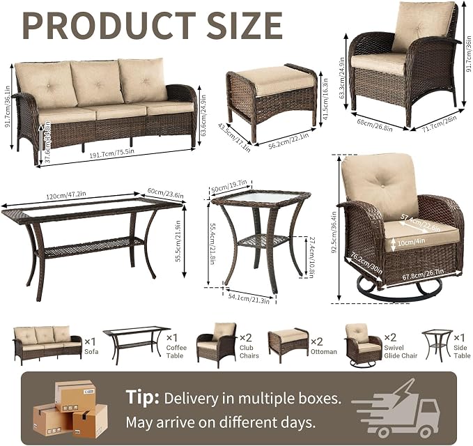 All Weather Patio Furniture Set, High Back Swivel Rocker Glider Chairs，Ottomans & Glass Tables, Outdoor Conversation Set for Deck Porch Yard Poolside (Brown, 9PCS-Swivel Chairs&Chairs&Sofa&Tables)
