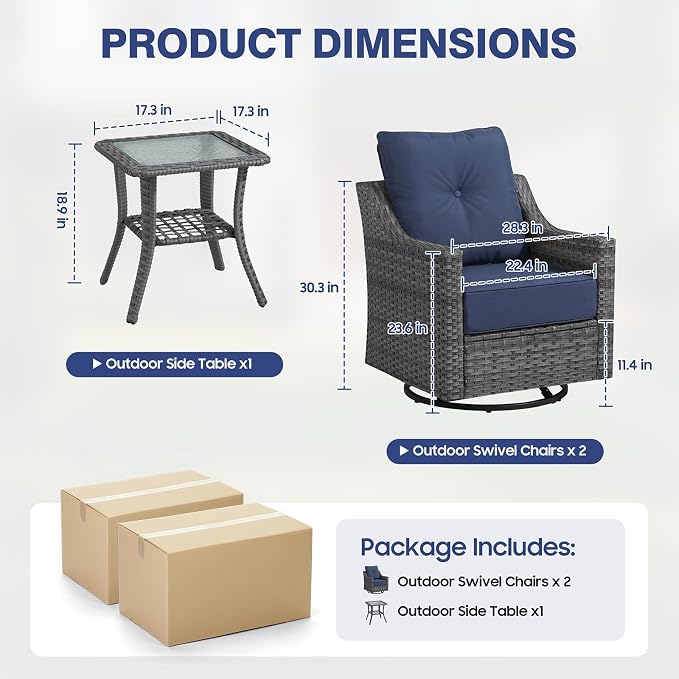 3 Piece Patio Furniture Set,360°Swivel Glider Patio Chairs Set of 2 with Outdoor Side Table, All-Weather Wicker Patio Set with 6 Inch Thick Cushions for Porch Deck Balcony Garden