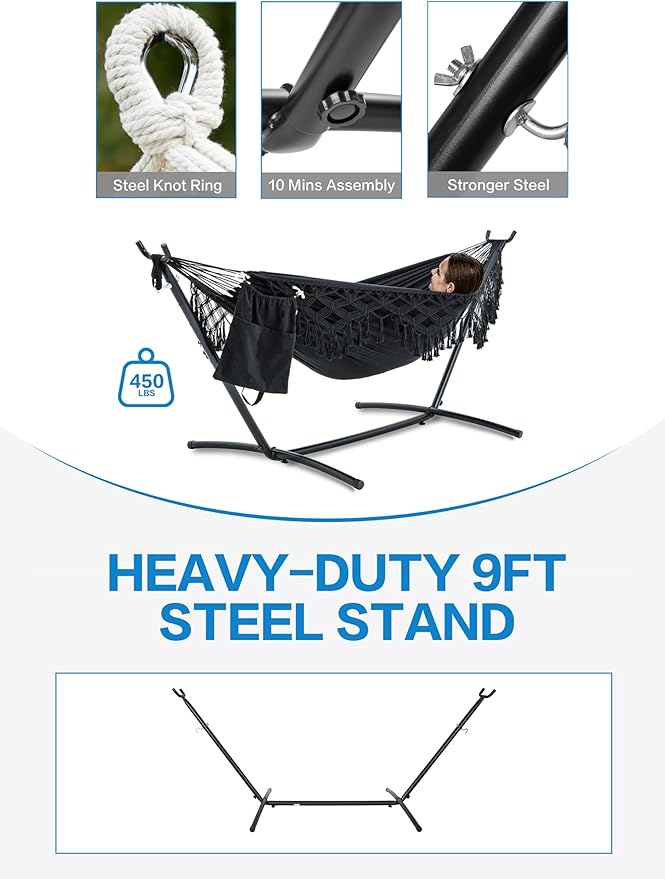 PNAEUT Handmade Tassel Hammocks, Double Hammock with Stand for Outside Indoor Outdoor, Max 450 lbs Capacity, Pillow & Storage Bag Included (Black)