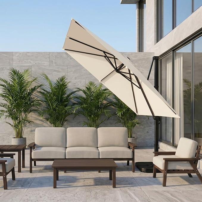 10'×10' Patio Umbrella, Aluminum Cantilever Umbrella with 360°Rotation, Offset Patio Umbrella with Easy Tilt & Fade Resistance for Pool Deck Garden Backyard, Beige (Base not Included)