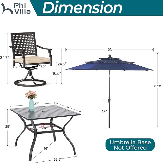 PHI VILLA Outdoor Table Chairs for 4, Patio Metal Furniture w/Umbrella | 37" wrought iron square table & swivel chairs. 10ft blue umbrella. 5pcs dining set for deck, porch, backyard.