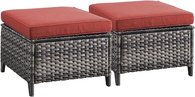 Rilyson Outdoor Ottoman Wicker Patio Ottomans - 2 Piece Footrest Footstools Set Rattan Outdoor Ottomans for Patio with Thick Cushions(Mixed Grey/Red)