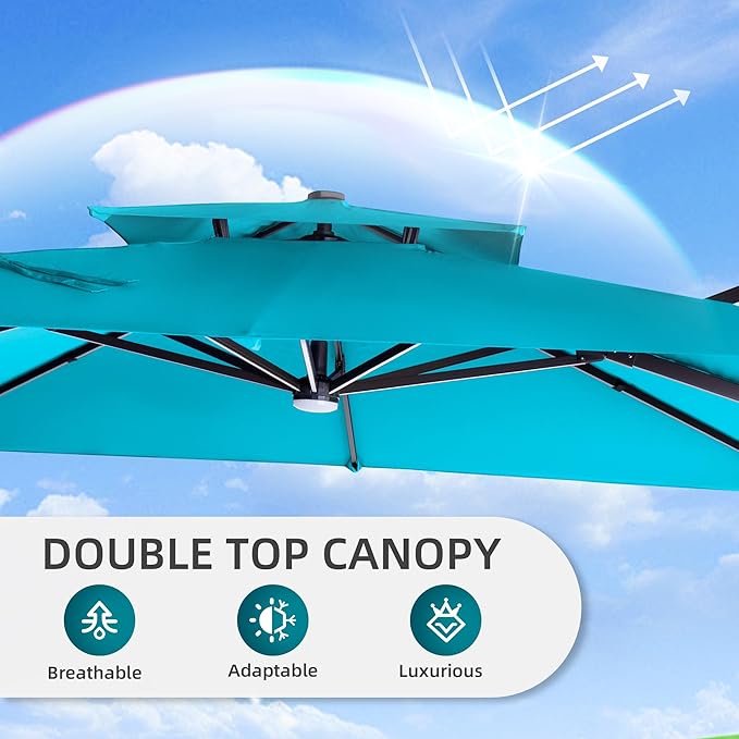 9 X 12 FT Cantilever Patio Umbrella with Led Lights and Base Included Heavy Duty Outdoor Double Top Large Rectangle Offset Umbrellas with 360-degree Rotation for Garden Pool Deck Backyard, Turquoise