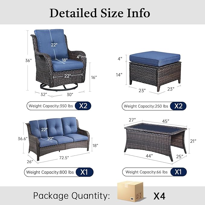 6 Piece High Back Patio Furniture Set - All Weather Patio Conversation Set with 4 Inch Thick Cushions and Deep Seating Swivel Glider Chairs & Outdoor Couch for Porch Deck Yard Pool Brown Blue