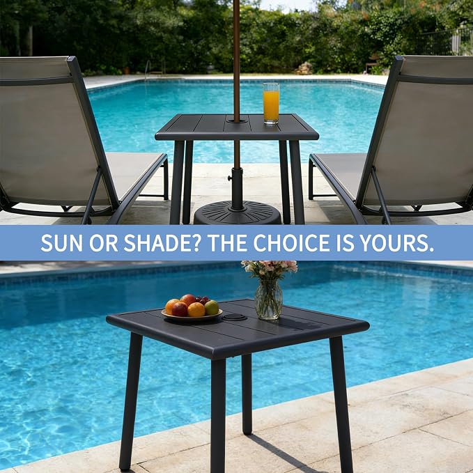 Small Metal Outdoor Side Table with Umbrella Hole Set of 2, Sqaure Patio Coffee Bistro Table End Table, Umbrella Table with Hole for Poolside Yard Porch Deck Balcony,19.7x19.7 inches, Black