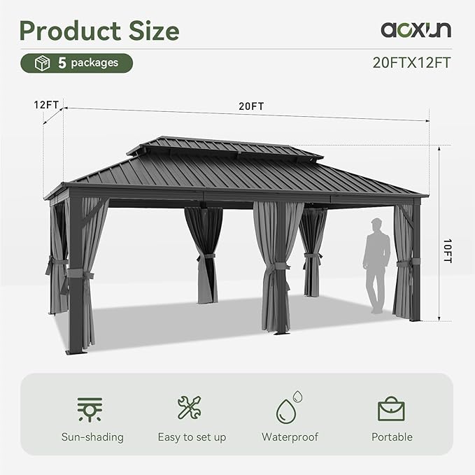 Aoxun 12' X 20' Hardtop Gazebo, Galvanized Steel Double Top, Metal Gazebo with Curtains and Netting, Permanent Canopy Pavilion for Wedding, Party, Outdoor Dining