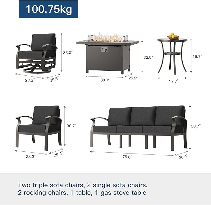 Kullavik Aluminum Patio Furniture Set,8 Pieces 10 Seat Metal Outdoor Furniture Conversation Set w/45 Propane Gas Fire Pit,Swivel Rocking Chairs Set,Black